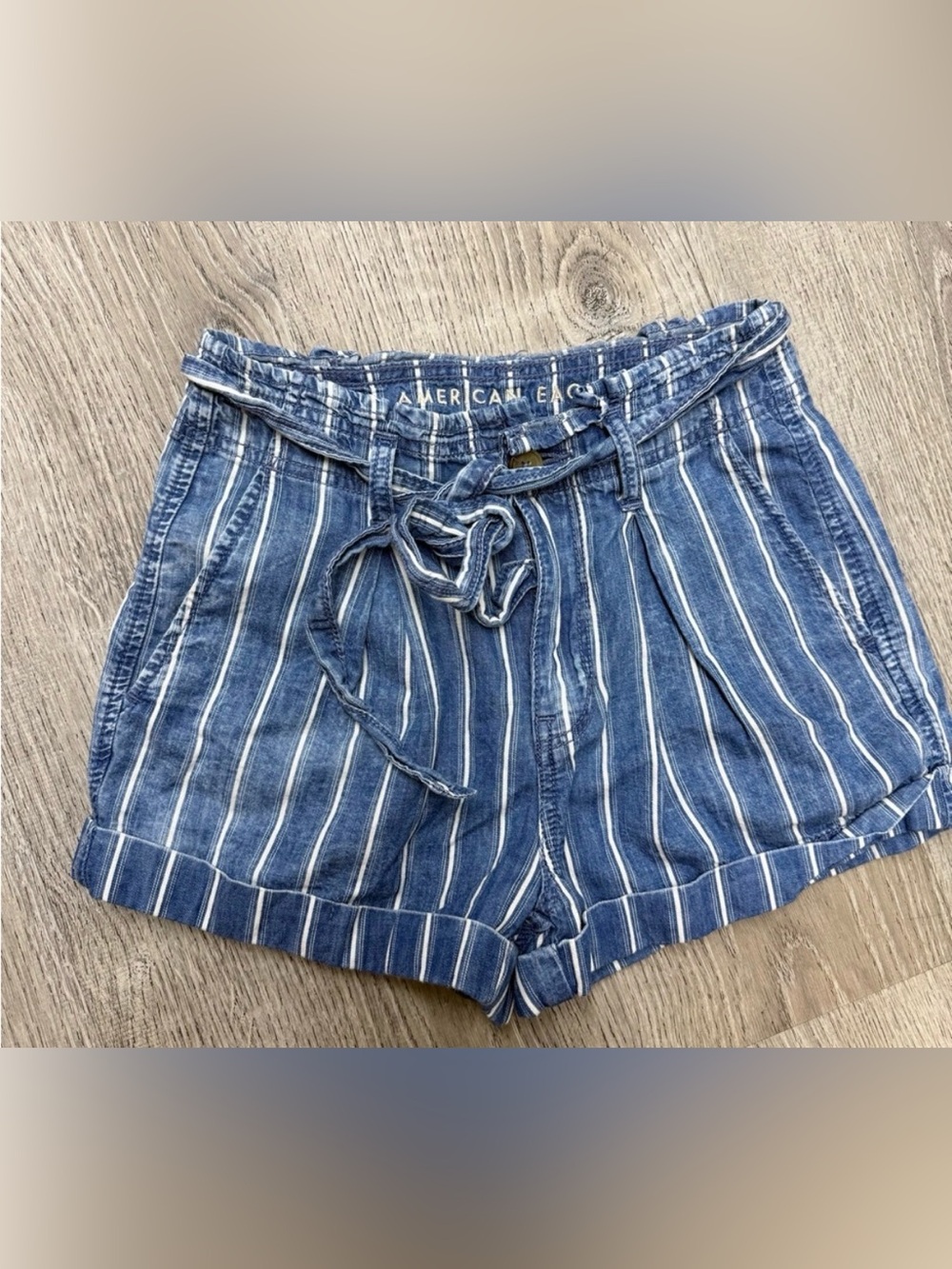 American Eagle Outfitters Navy and White Striped High Waist Tie-Front Shorts